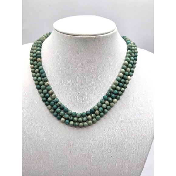 Handcrafted Multi-Strand Green/Blue Beaded Necklace With Natural Stone Look - Picture 1 of 2